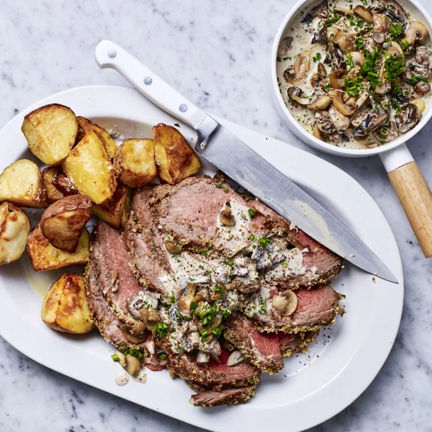 air fryer roast beef with potatoes and creamy mushrooms