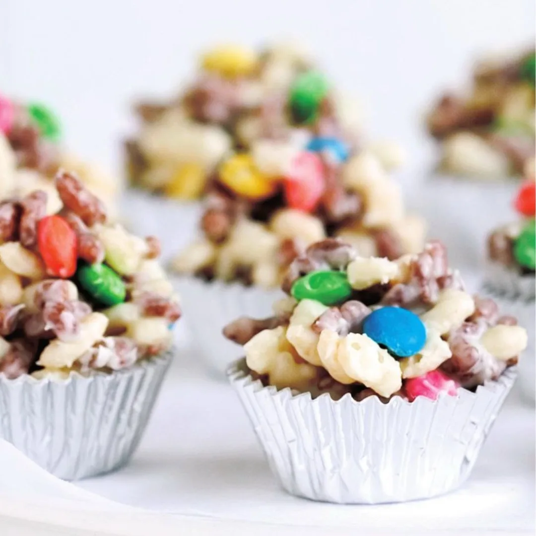 white chocolate rice bubble crackles in foil cases