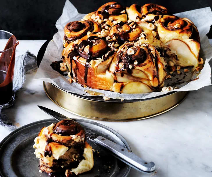 Chocolate, hazelnut & pear scrolls