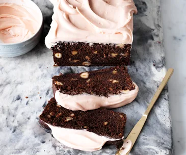 Choc-beetroot hazelnut loaves with ruby frosting