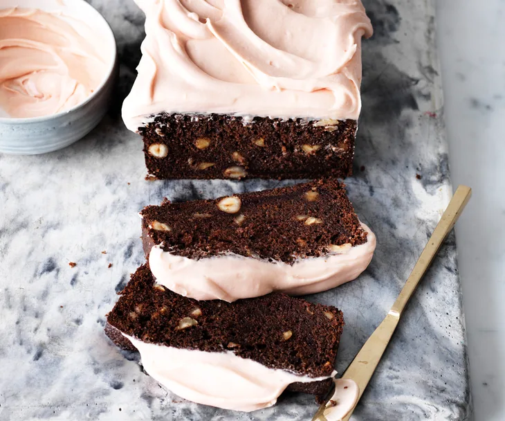 Choc-beetroot hazelnut loaves with ruby frosting