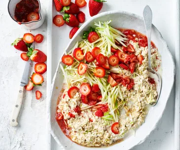 Overnight oats with muddled strawberries