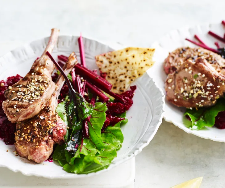 Dukkah lamb cutlets with smashed beetroot