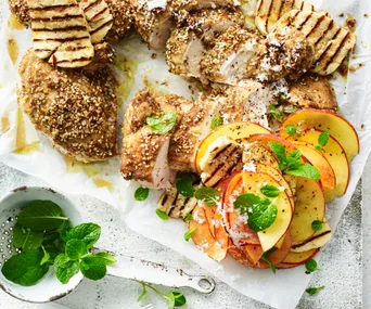 Five ingredient dukkah chicken with haloumi and peach salad