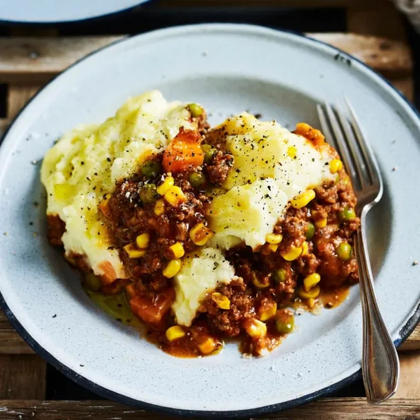 easy slow cooker cottage pie in a bowl with a fork