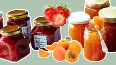 How to sterilise jars. Image showing glass jars of jams and fresh fruits.