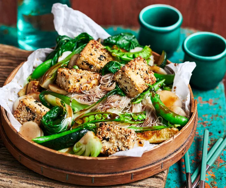 Peanut and Sesame Tofu with Stir-Fried Greens