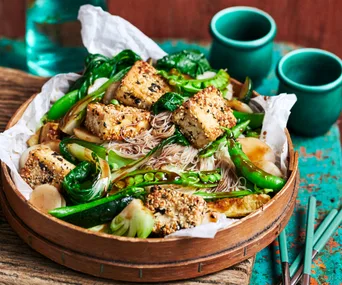 Peanut and sesame tofu with stir-fried greens