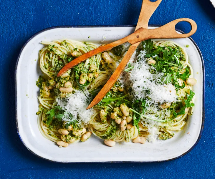 Spaghetti and zesty rocket salsa verde