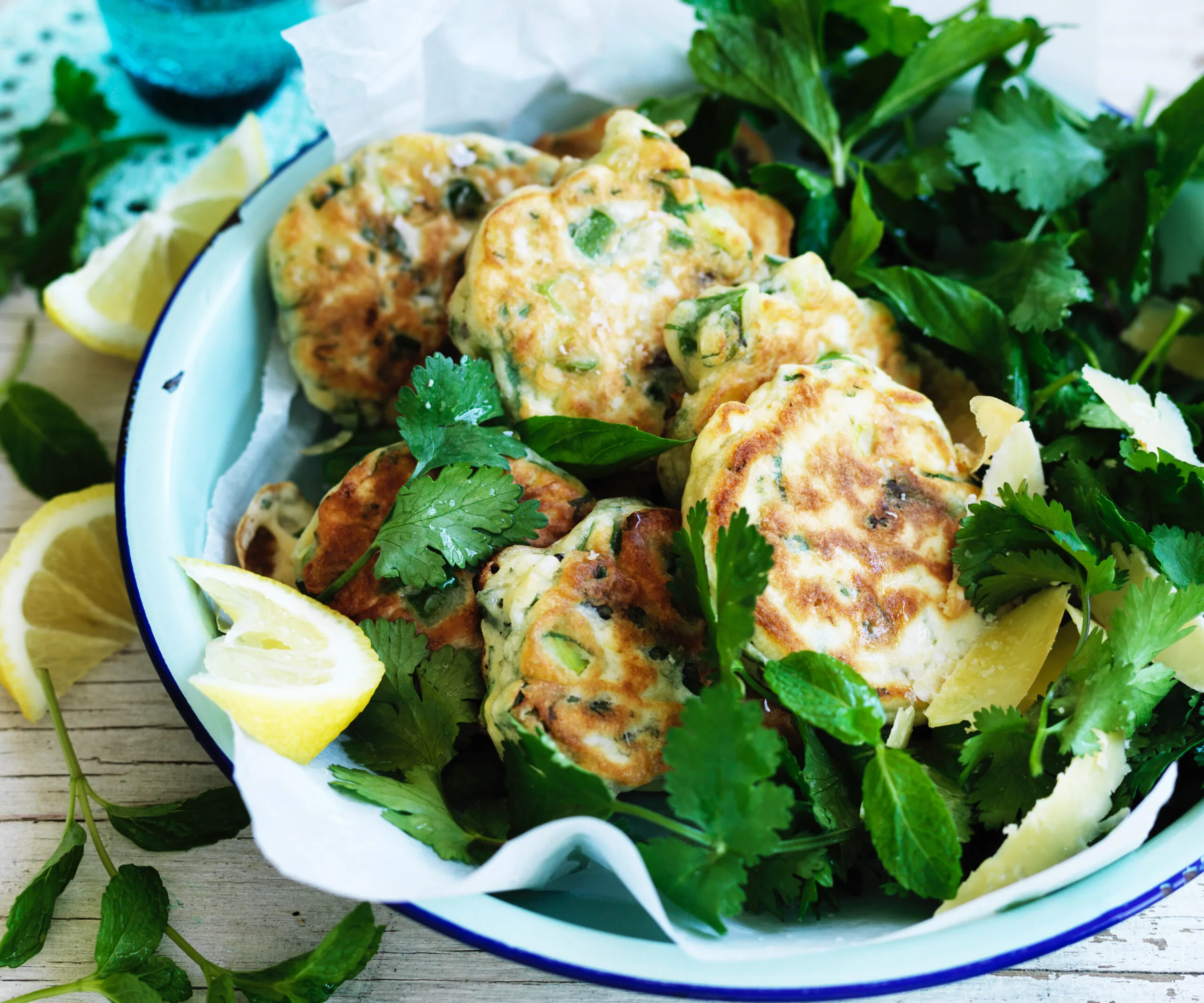 Asparagus fritters with smoked cheese salad