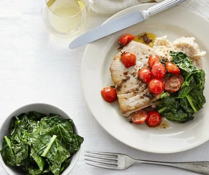 Tuna with Olive, Tomato Butter, Bean Mash & Cavolo Nero
