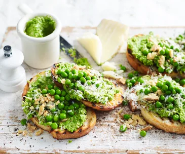 Five ingredient pea pesto bruschetta