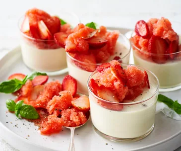 Black pepper panna cotta with strawberry & basil granita