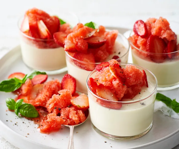 Black pepper panna cotta with strawberry & basil granita