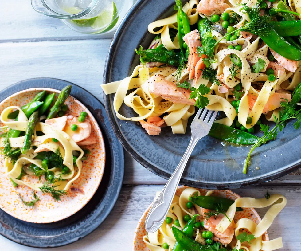 pasta primavera with poached salmon