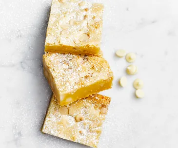 Macadamia and white chocolate blondies