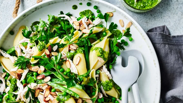 Chicken and watercress pasta salad using leftover roast chicken