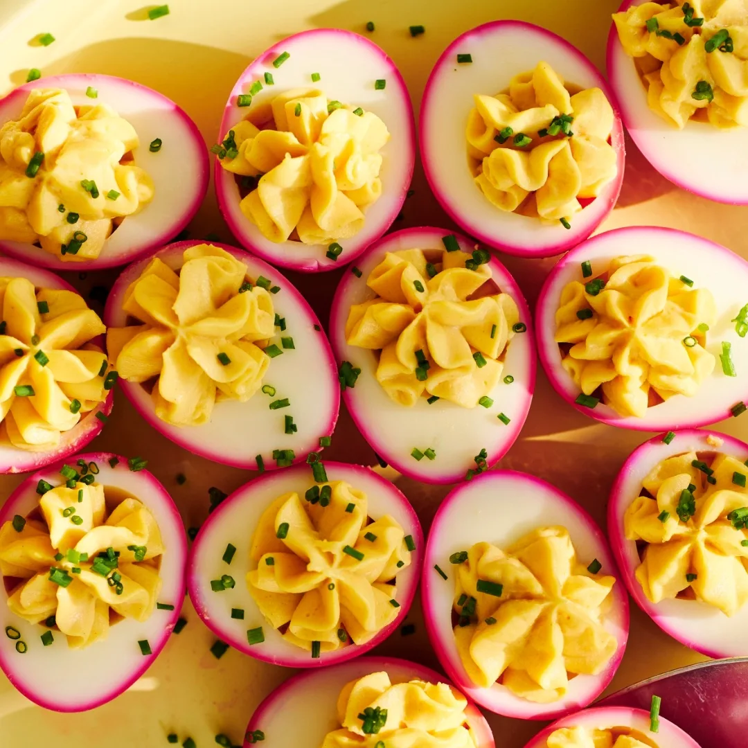 Pink devilled eggs