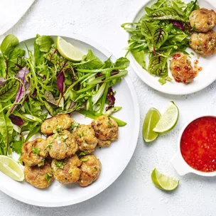 fish cakes on a plate with salad; easy fish cake recipe