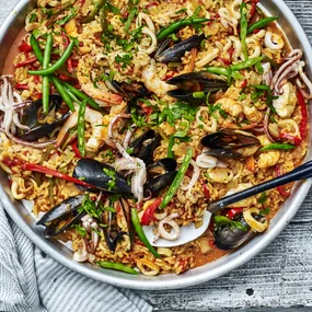 seafood paella with chorizo, prawns and mussels