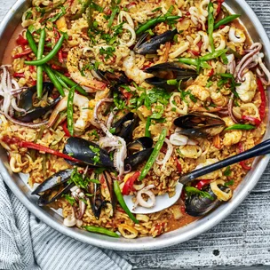 seafood paella with chorizo, prawns and mussels