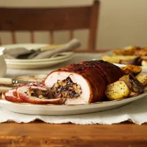 Roast turkey roll with pear, prune & walnut stuffing