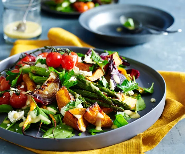 Roast vegetable salad with garlic mustard dressing