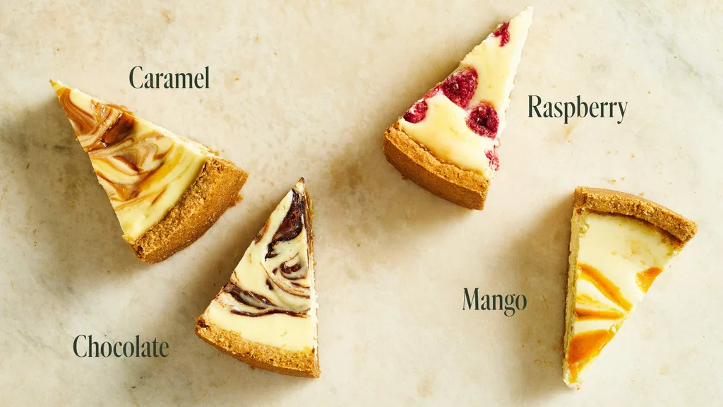 New York cheesecake slices with caramel, choocolate, raspberry and mango