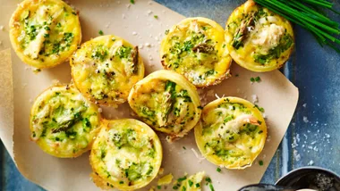 Mini chicken and asparagus quiches.