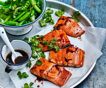 Soy-glazed ocean trout with greens