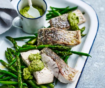 Baked barramundi with amazing green sauce