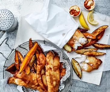 Cider-battered whiting with kimchi mayo