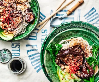 Hoisin baked eggplant with steamed greens