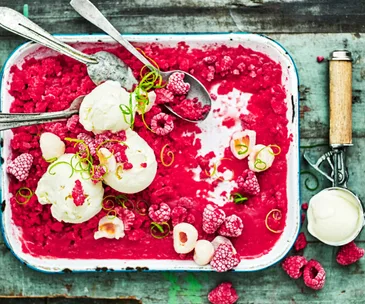 Berry lychee granita with coyo icecream