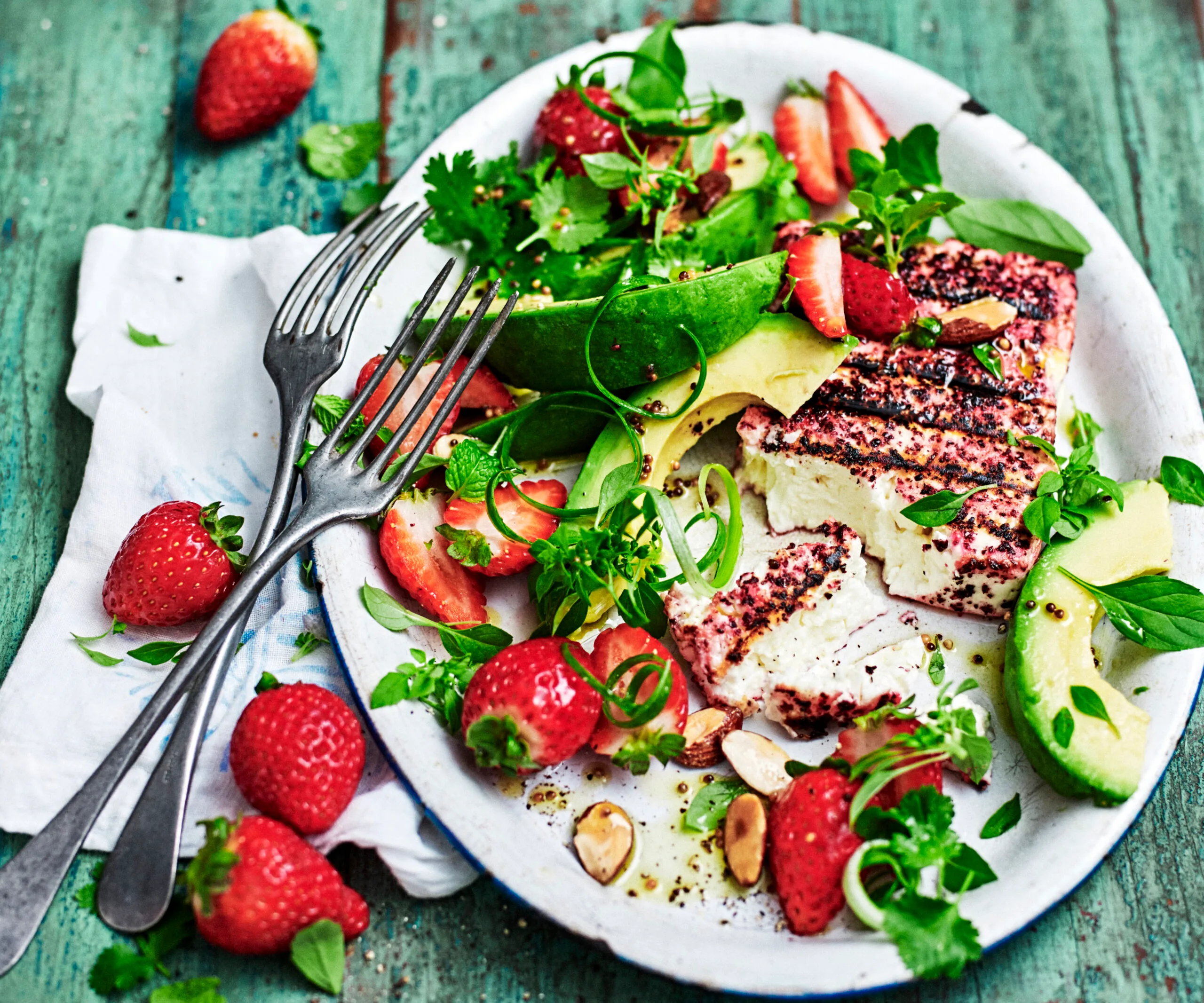 Grilled fetta, strawberry and herb salad
