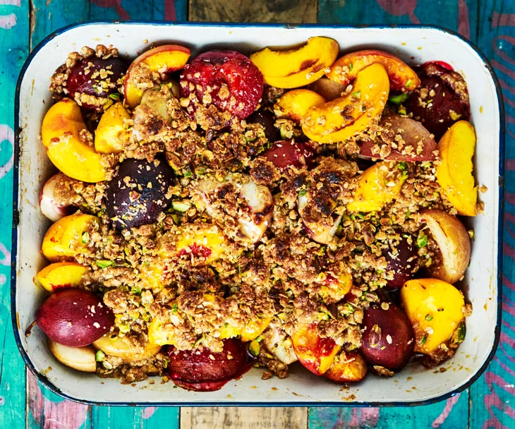 Stonefruit & pistachio crumble with rosewater