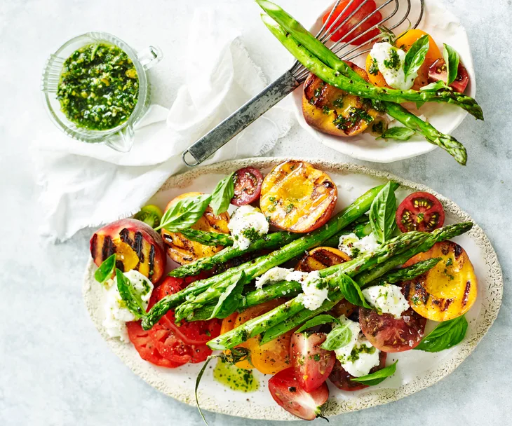 Peachy asparagus and mozzarella salad with pistachio mint pesto