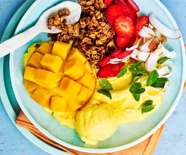 Frozen mango lassi bowl with cardamon crumble