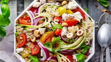 Quinoa salad with zucchini and fetta, one of our summer dinner ideas