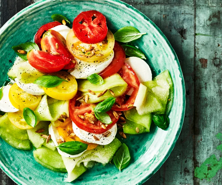 Mozzarella with Heirloom Tomatoes and Pickled Melon