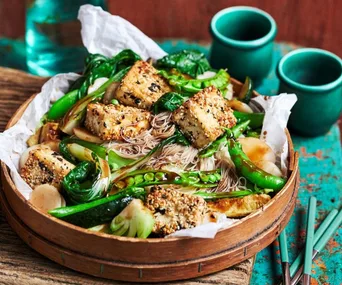 tofu, greens and noodle stir fry