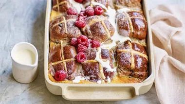 Easter hot cross bun bread and butter pudding recipe