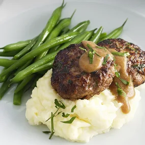Beef rissoles and mash with green beans