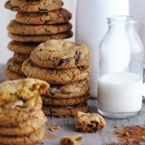 stack of chocolate chip cookies and a glass of milk; recipe