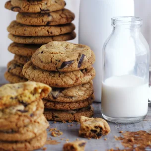 stack of chocolate chip cookies and a glass of milk; recipe