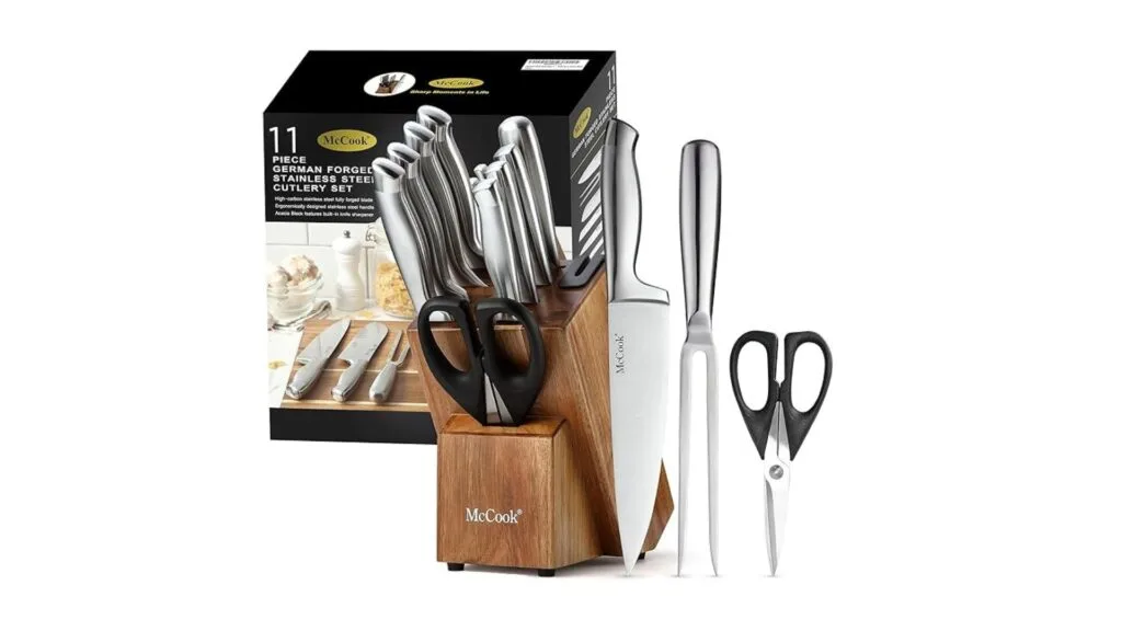 McCook 11 Piece German Stainless Steel Hollow Handle Self Sharpening Kitchen Knife Set in Acacia Block