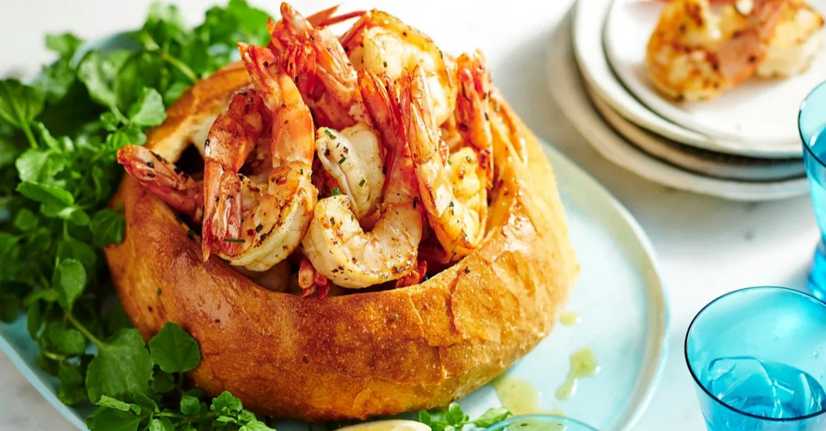 Crusty Cob Loaf with Garlic Butter Prawns