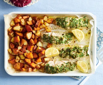 Garlic butter fish and crispy potatoes