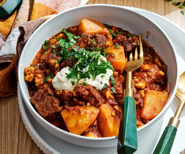 Bowl of beef pörkölt stew with tarhonya