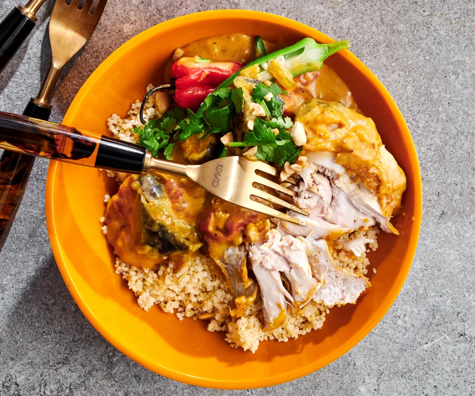 Bowl of chicken mafé stew.